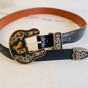 Vintage Horse Western Tom Tailor Sterling Silver Overlay Belt Calfskin USA 34